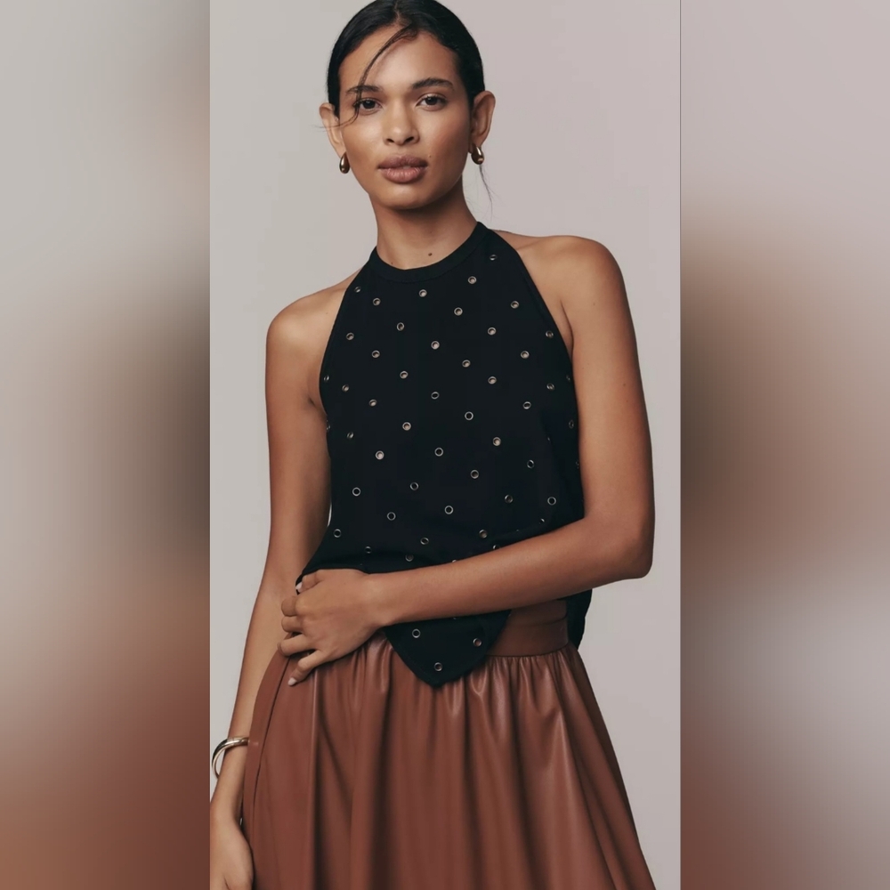 Anthropologie Black Halter Top with Silver Accents